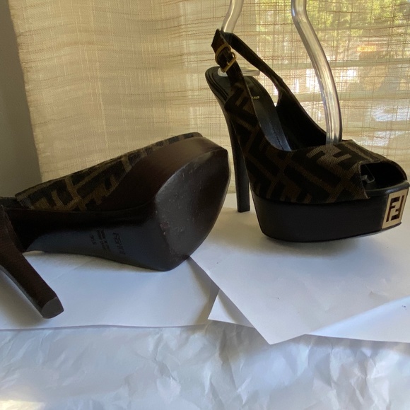 Fendi heels ankle strap 36.5 Italy open toe pumps monogram canvas clogs platform - Picture 8 of 10